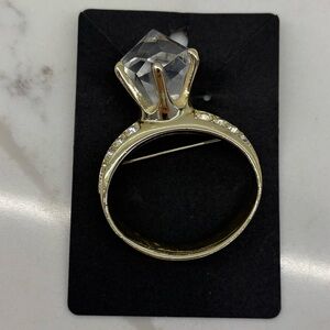 Vintage AJC Engagement Ring Brooch Pin Gold Tone Rhinestones Bachelorette